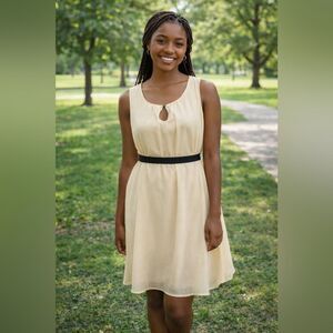 Cream Chiffon Midi Dress with Key Hole Neck and Black Sash Size Medium